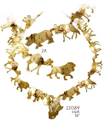 Wild Bryde Elephant & Wildebeest & Rhino & Lion & Camel & Antelope & Warthog & Monkey & Hyena & Cheetah Necklace Full Body, Map-Based, Naturalistic - Unofficial Africa Collector's Guide