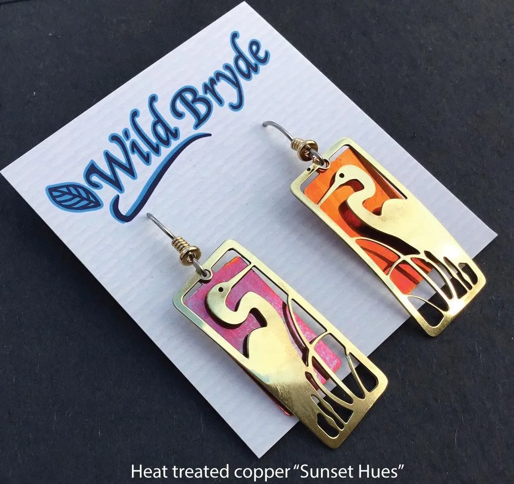 Egret Earrings with Heated Copper Background Egret Earrings with Heated Copper Background
